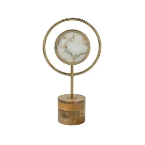 Decorative White Agate Sculpture w/Gold Iron Frame &amp; Brown Wooden Stand
