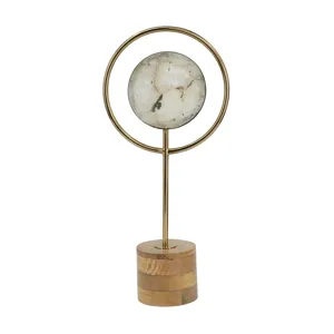 Decorative White Agate Sculpture w/Gold Iron Frame &amp; Brown Wooden Stand