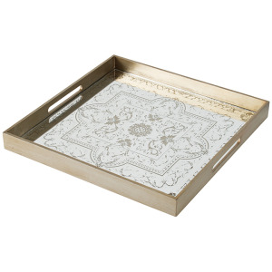 FLORAL GLD & SLVR MIRROR TRAY