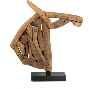 Abstract Brown Teak Wood Horse Head Sculpture on Black Base