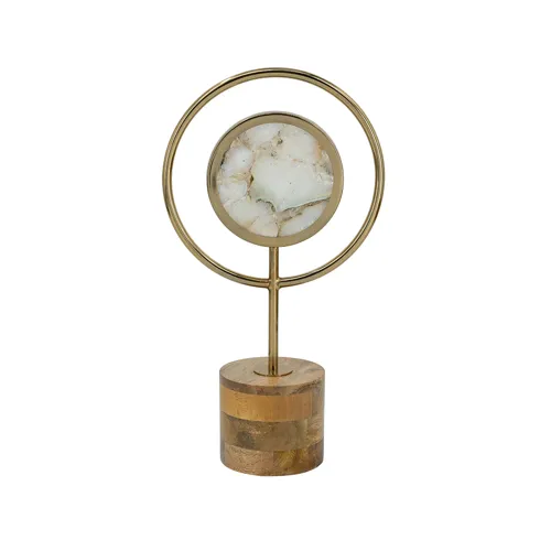 Decorative White Agate Sculpture w/Gold Iron Frame & Brown Wooden Stand