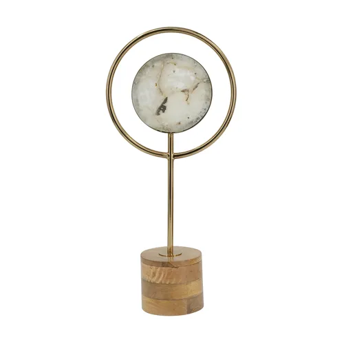 Decorative White Agate Sculpture w/Gold Iron Frame & Brown Wooden Stand