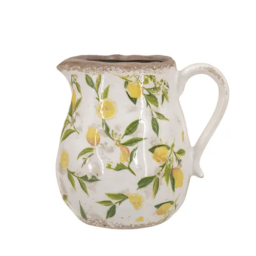 White Ceramic Pitcher Vase with Yellow Lemon Motif