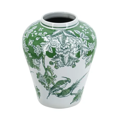 Green and White Porcelain Vase with Nature-Inspired Motifs