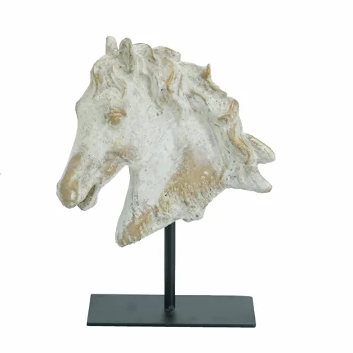 Gray Cement Horse Head Statue with Gold Accents and Black Iron Base