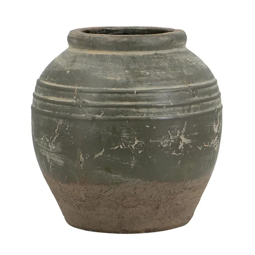 Round Terracotta Vase with Aged Green Finish