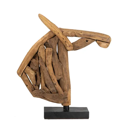 Abstract Brown Teak Wood Horse Head Sculpture on Black Base