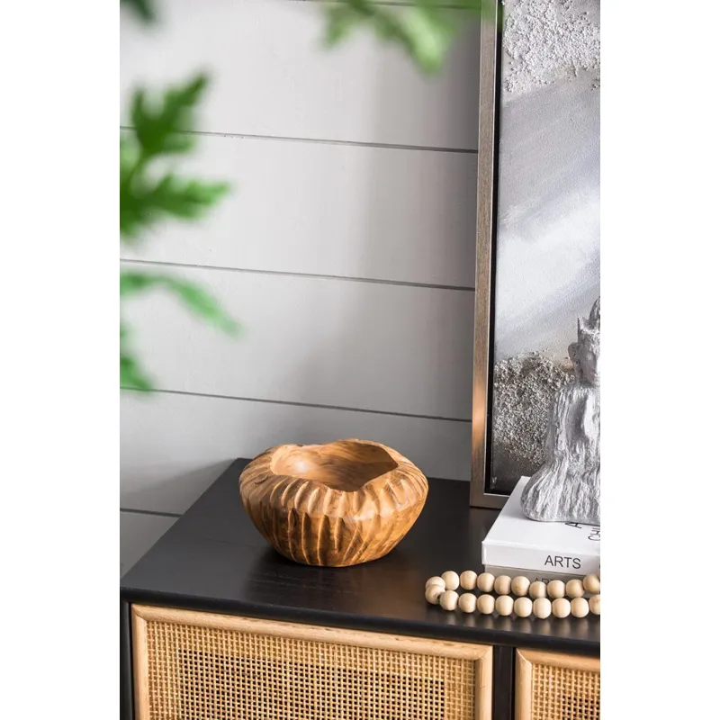 Teak Wood Decorative Bowl with Raised Edges Natural Brown Color