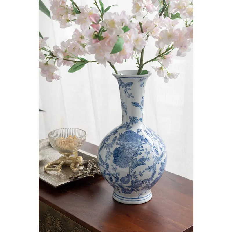 Blue &amp; White Motif Bottle Vase