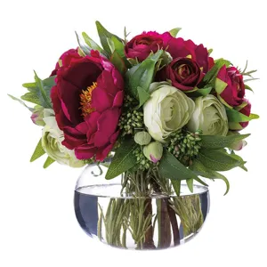 Ranunculus/Peony/Ruscus in Glass Vase - Burgandy /Green