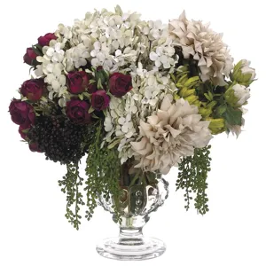 Hydrangea/Rose In Glass Vase Beige