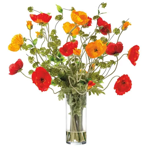 Large Mix Poppies in Tall Glass Vase - Orange Red