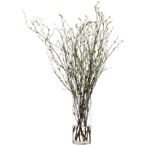 Mini Leaves on Twig in Glass Vase Green