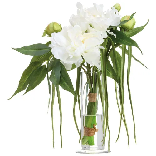 Peony/Grass Bouquet in Glass Vase - White Green