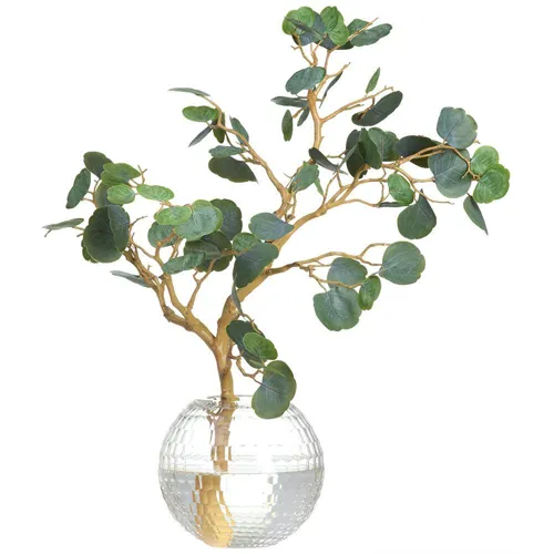 Cotinus Branch in Patterned Round Glass Vase Green