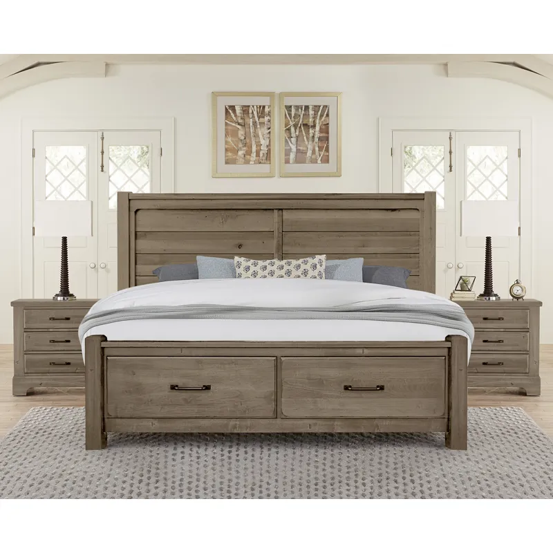 Cool Rustic-Stone Grey Plank Bed With Footboard Storage - California King