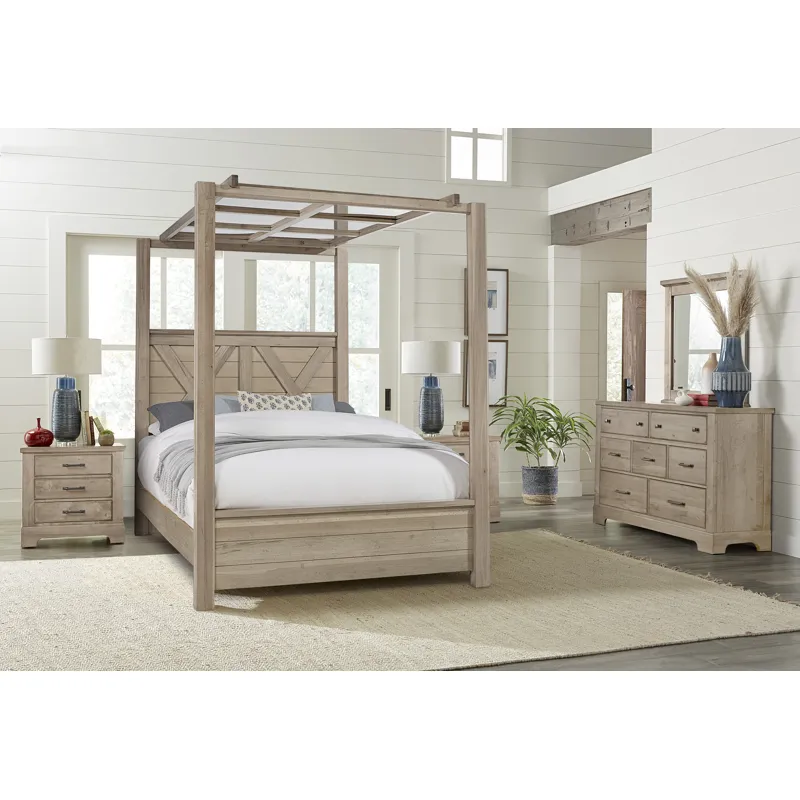 Cool Rustic-Clear Maple Mirrored Canopy Bed - Queen