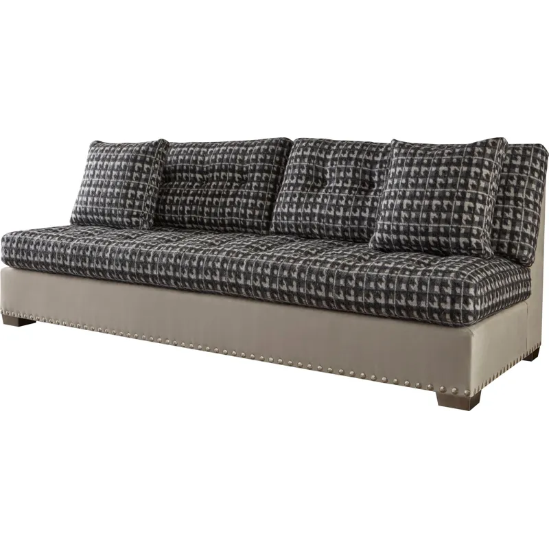 As Shown: Bench cushion, Old Brass block foot, standard straight back, boxed edge back straight pill