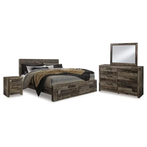 Derekson King Panel Storage Bed, Dresser, Mirror and Nightstand