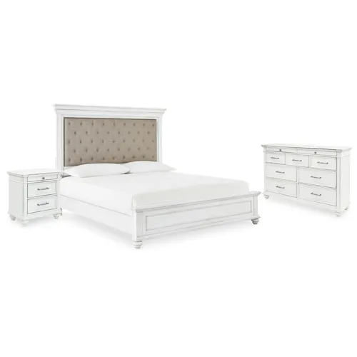Kanwyn Queen Upholstered Panel Bed, Dresser, and Nightstand