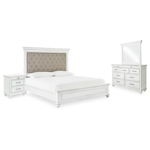 Kanwyn Queen Upholstered Panel Bed, Dresser, Mirror, and Nightstand