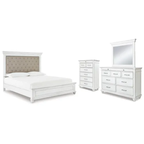 Kanwyn Cal King Upholstered Panel Bed, Dresser, Mirror and Chest
