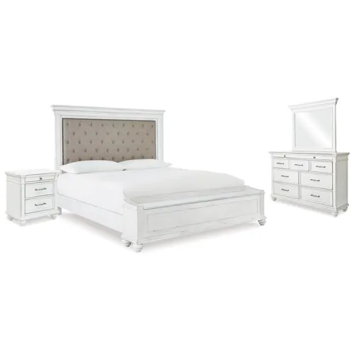 Kanwyn King Upholstered Storage Bed, Dresser, Mirror and Nightstand