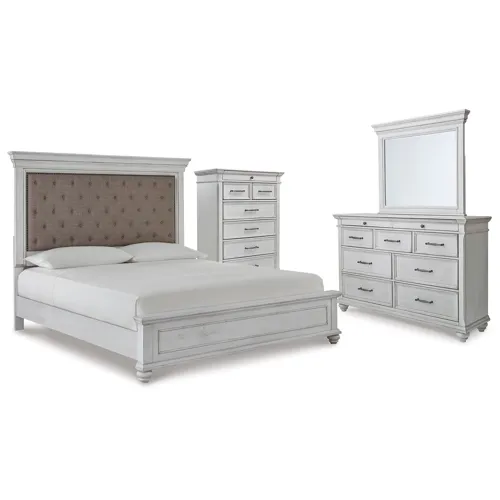 Kanwyn King Upholstered Panel Bed, Dresser, Mirror and Chest