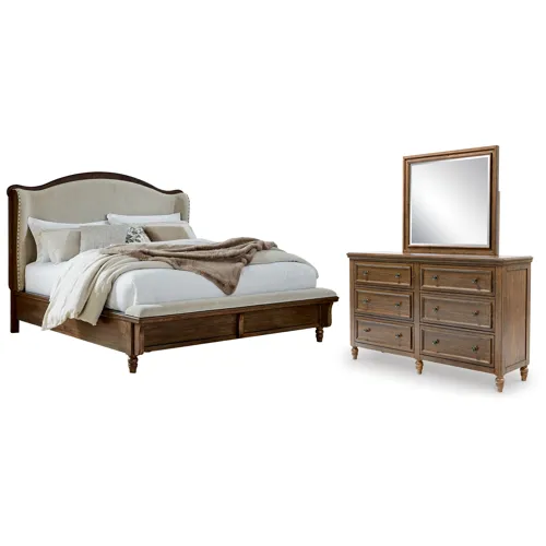 Sturlayne Queen Upholstered Panel Bed, Dresser and Mirror
