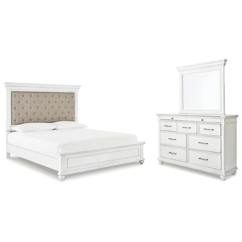 Kanwyn King Upholstered Panel Bed, Dresser and Mirror