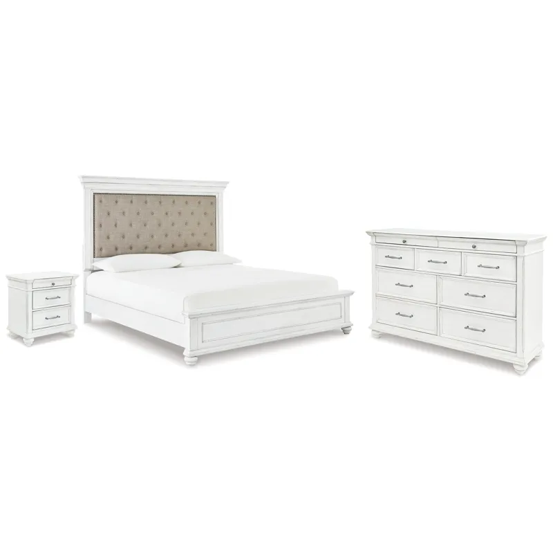 Kanwyn King Upholstered Panel Bed, Dresser and Nightstand