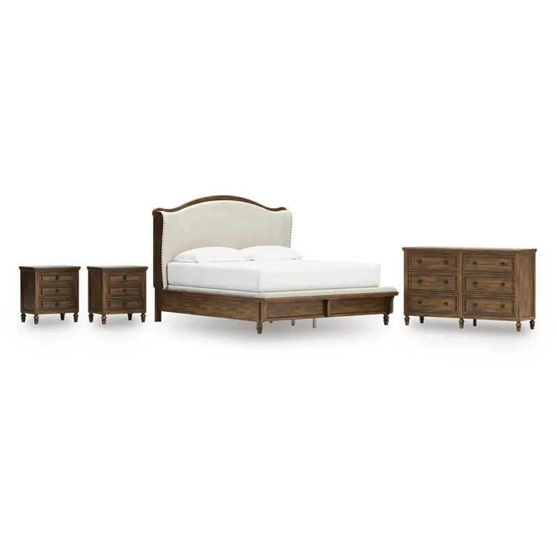 Sturlayne King Upholstered Panel Bed, Dresser and 2 Nightstands
