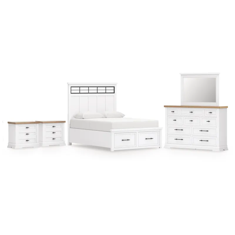 Ashbryn Queen Panel Storage Bed, Dresser, Mirror and 2 Nightstands