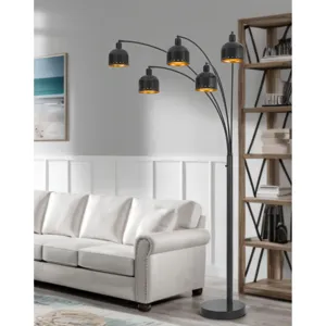 Lovett 60w X 5, 3 Way Ellington Arc Floor Lamp With Metal Gold Tone Shades And Heavy Weighted Base