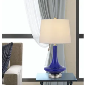 100w Kleve Glass Table Lamp With Taper Drum Hardback Linen Shade(Priced And Sold As Pairs)