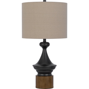 150w 3 Way Sterling Metal/Table Lamp With Faux Wood Metal Base And Drum Linen Shade