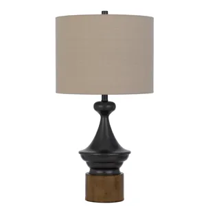 150w 3 Way Sterling Metal/Table Lamp With Faux Wood Metal Base And Drum Linen Shade