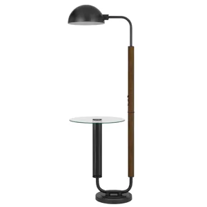 100w Keyser Metal Floor Lamp With Faux Wood Pole And Glass Tray Table And Metal Shade. Equipped With 1 USB And 1 USB-C Charging Ports