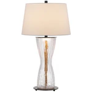 100w Andria Crackle Glass Table Lamp With 2w LED Night Light And Hardback Fabric Shade