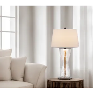100w Andria Crackle Glass Table Lamp With 2w LED Night Light And Hardback Fabric Shade