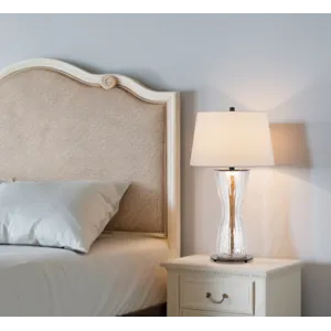 100w Andria Crackle Glass Table Lamp With 2w LED Night Light And Hardback Fabric Shade