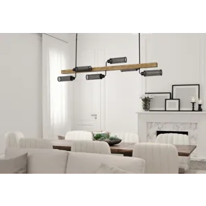 60w X 6 Lenox Pine Wood Island Chandelier With Metal Mesh Shades