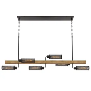 60w X 6 Lenox Pine Wood Island Chandelier With Metal Mesh Shades
