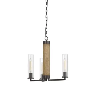 60w X 3 Silverton Metal/Wood 3 Light Chandelier With Glass Shades.(Edison Bulbs Included)