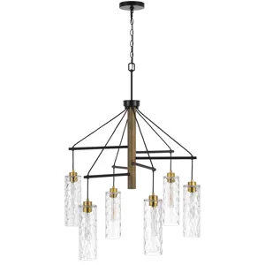 60w X 6 Williston Rubber Wood Chandelier With Hanging Textured Glass Shades