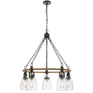 60w X 5 Kavala Metal Chandelier With Burlap Accent And Glass Shades