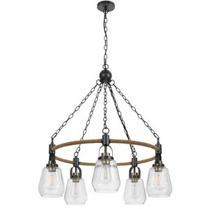 60w X 5 Kavala Metal Chandelier With Burlap Accent And Glass Shades