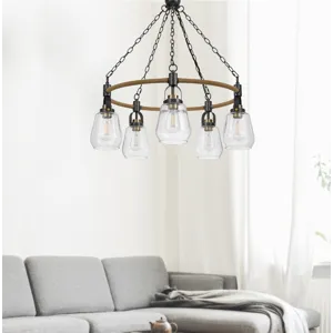 60w X 5 Kavala Metal Chandelier With Burlap Accent And Glass Shades