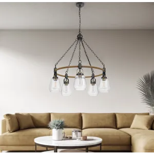 60w X 5 Kavala Metal Chandelier With Burlap Accent And Glass Shades