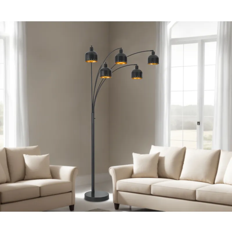 Lovett 60w X 5, 3 Way Ellington Arc Floor Lamp With Metal Gold Tone Shades And Heavy Weighted Base